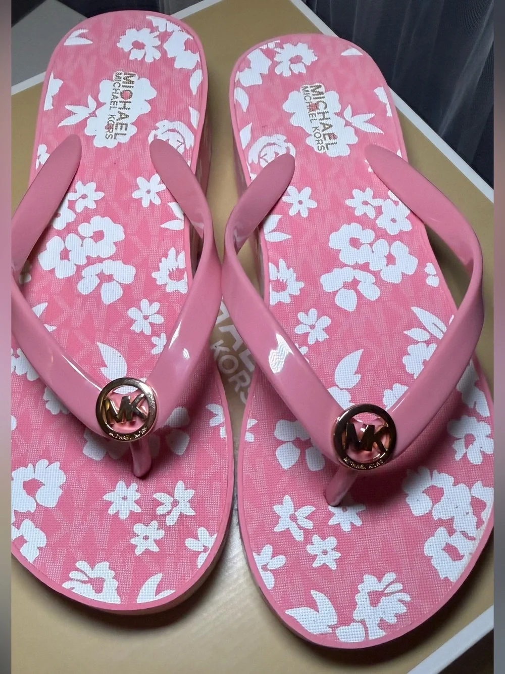 Michael Kors Pink Floral Platform Flip Flop Sandals